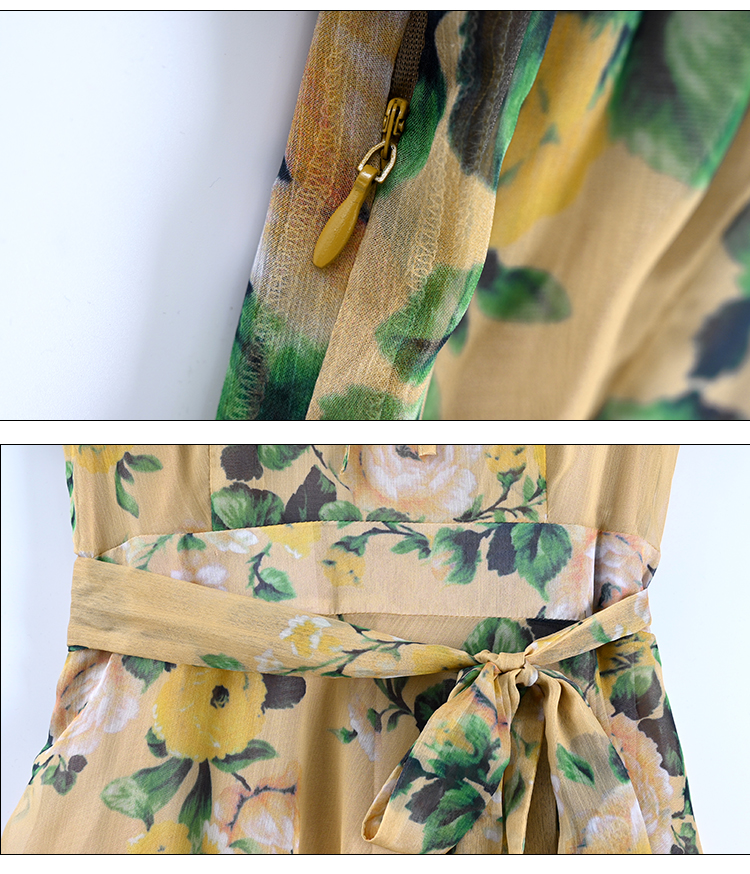 Short sleeve summer long dress pinched waist floral dress