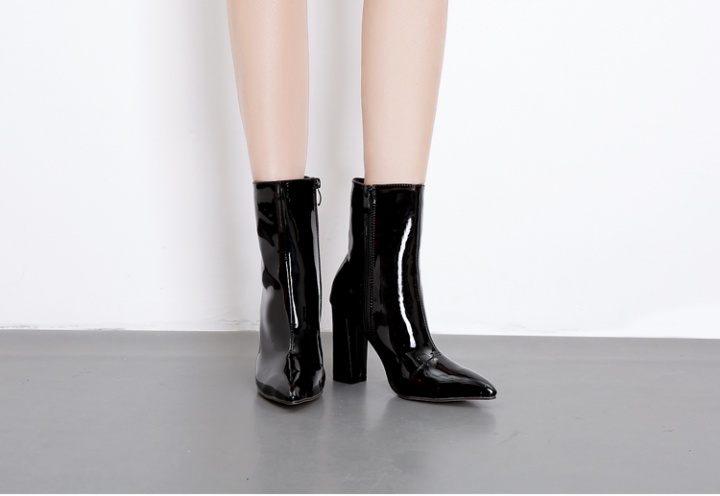 Thick patent leather pointed zip high-heeled boots