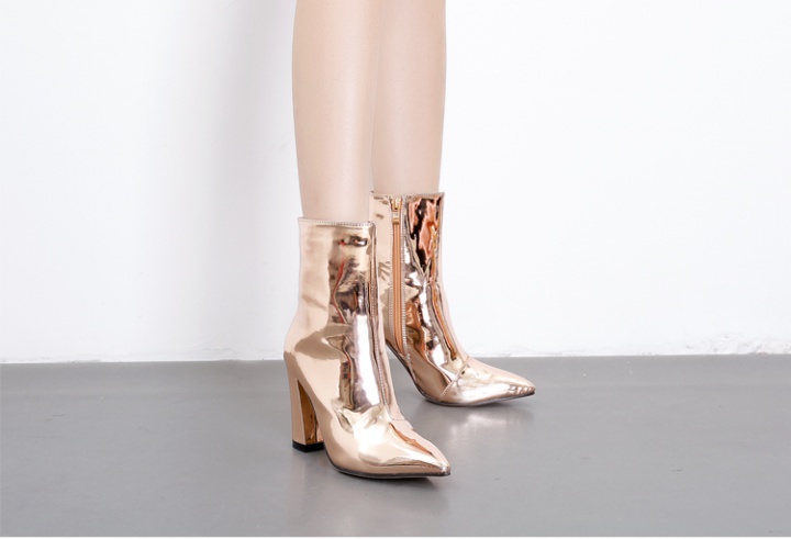Thick patent leather pointed zip high-heeled boots