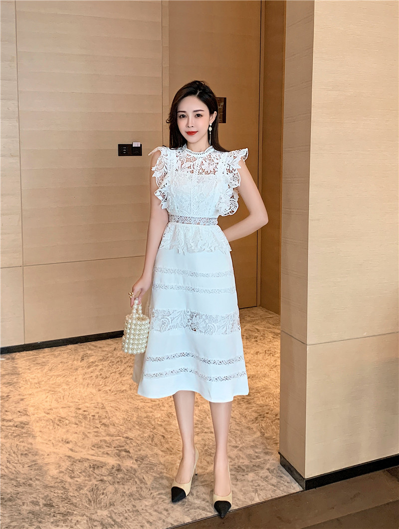 Spring high waist lace embroidered flowers slim long dress