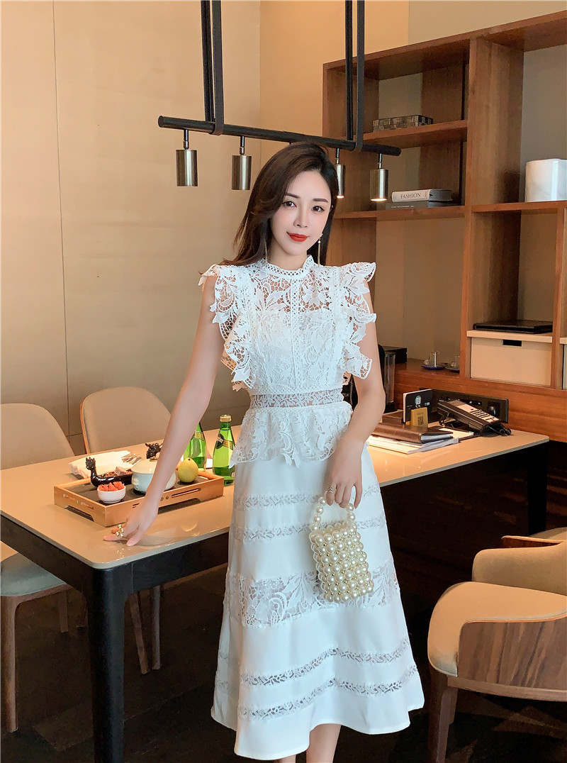 Spring high waist lace embroidered flowers slim long dress