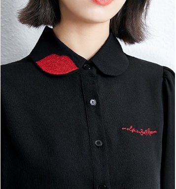 Spring long sleeve chiffon shirt black embroidery shirt