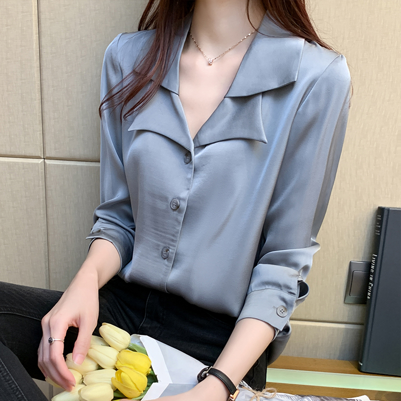 Satin loose tops France style long sleeve shirt for women