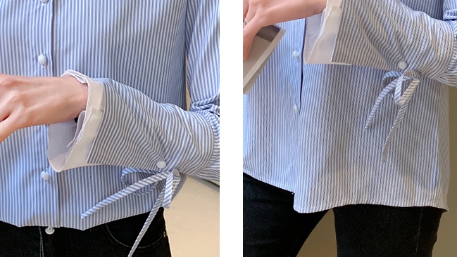 Lapel lady stripe tops spring splice trumpet sleeves shirt