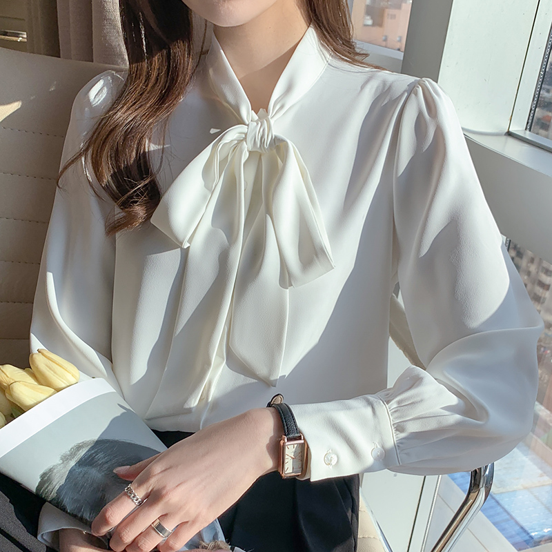Bow chiffon tops long sleeve streamer shirt for women