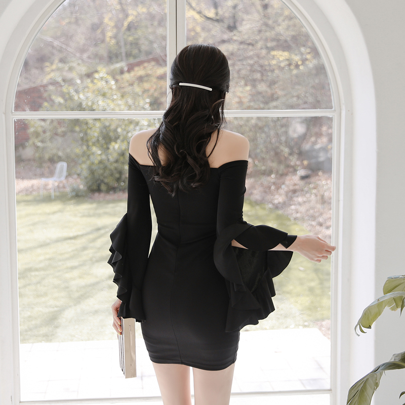 Slim horizontal collar T-back Korean style dress