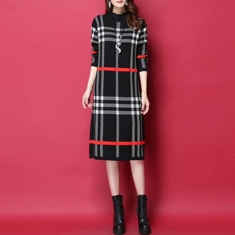 Loose plaid sweater dress straight knitted dress for women