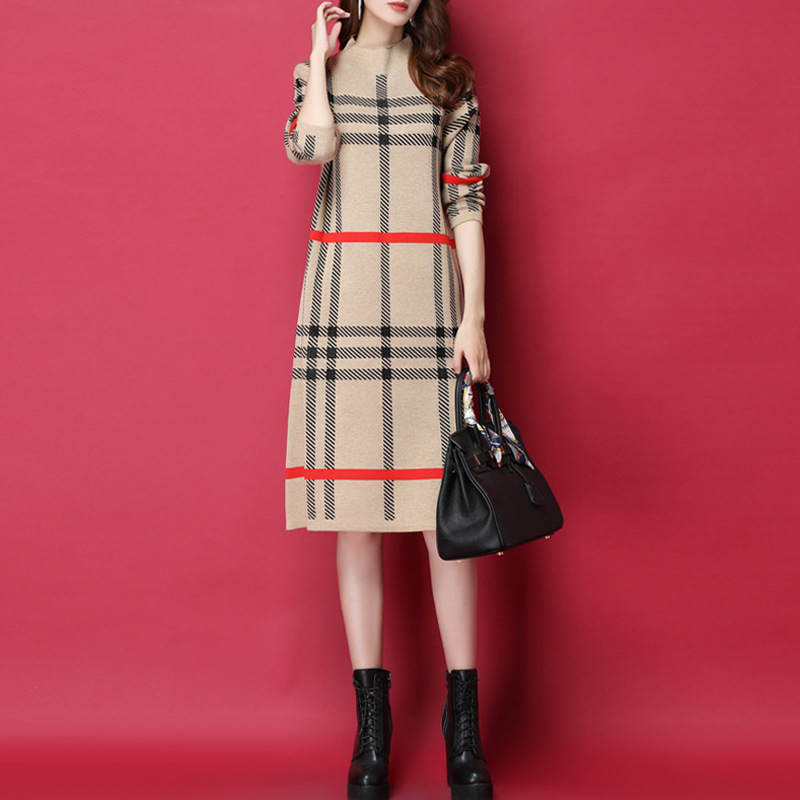 Loose plaid sweater dress straight knitted dress for women