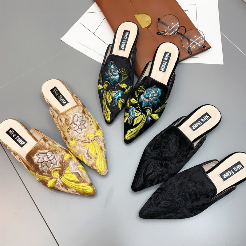 Fashion embroidery flat pointed large yard slippers for women