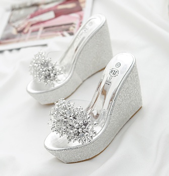 High-heeled rhinestone slipsole summer slippers for women