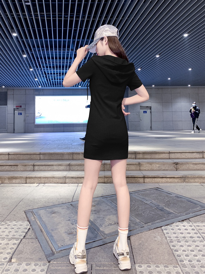 Zip long slim dress short sleeve V-neck Korean style hat
