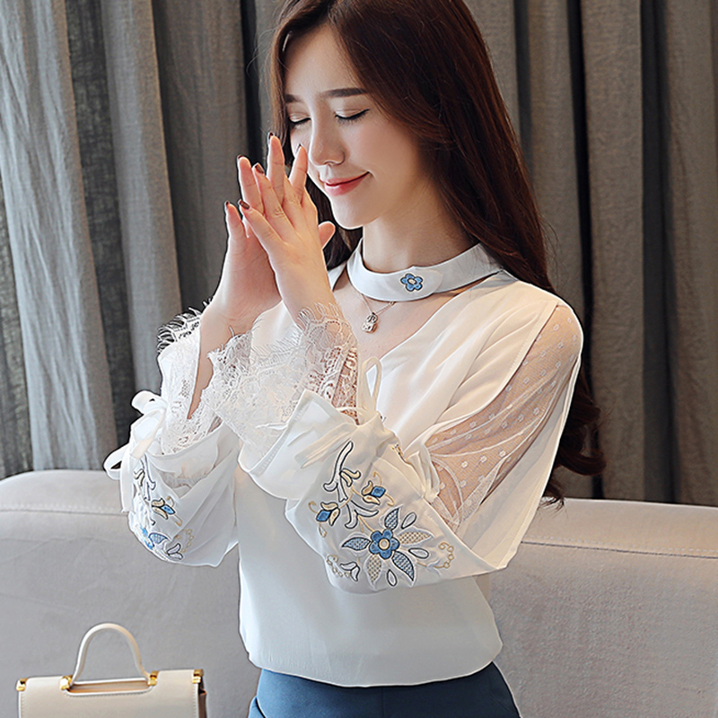 Gauze Korean style embroidery chiffon shirt for women