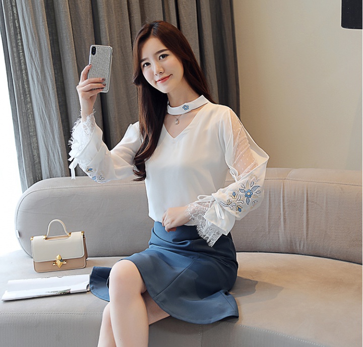 Gauze Korean style embroidery chiffon shirt for women