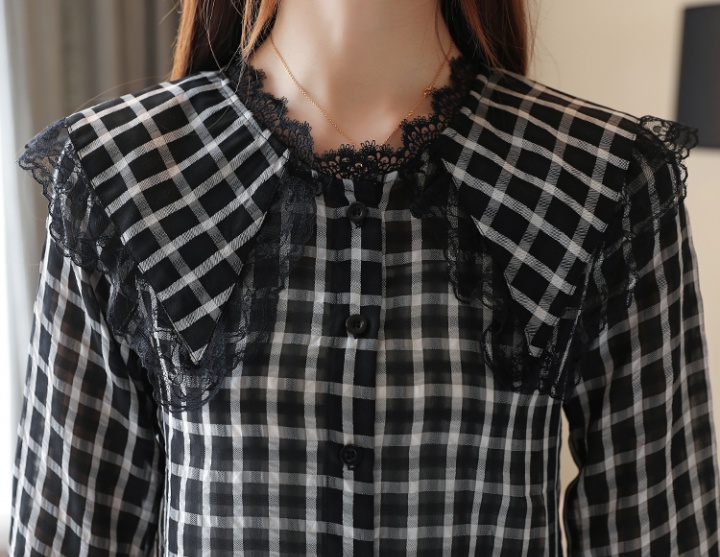 Plaid lace spring shirt chiffon slim tops for women