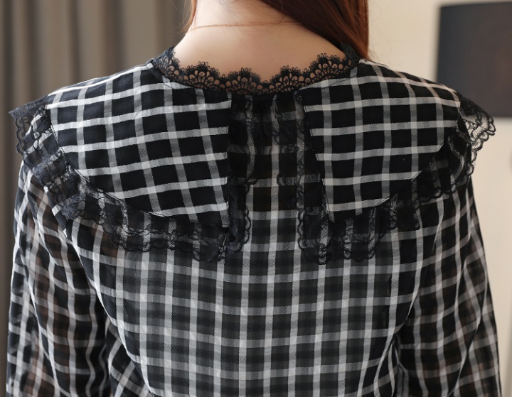 Plaid lace spring shirt chiffon slim tops for women