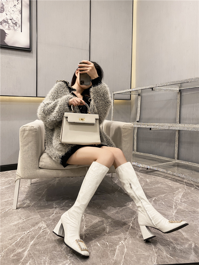 Square head stone pattern women's boots fashion thigh boots