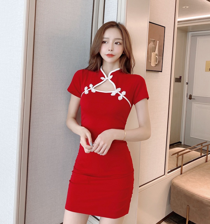 Pinched waist sexy hollow V-neck short sleeve buckle dress
