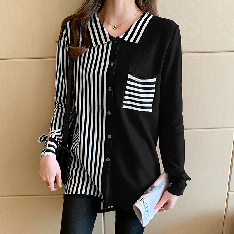 Knitted stripe coat pocket splice cardigan for women