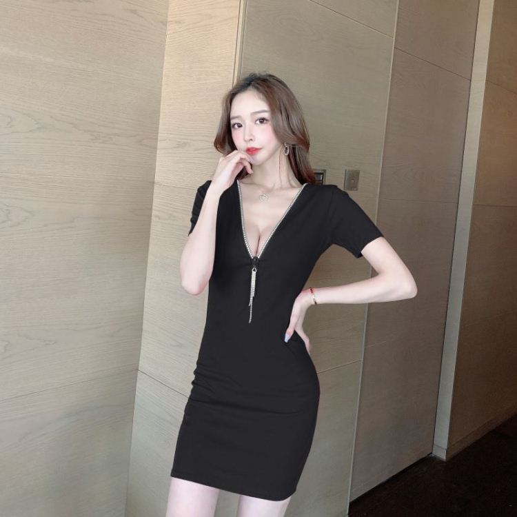 V-neck sexy rhinestone Korean style long zip dress