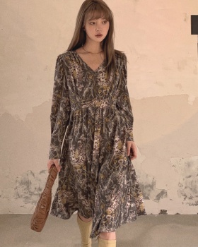Court style printing long dress pinched waist dress