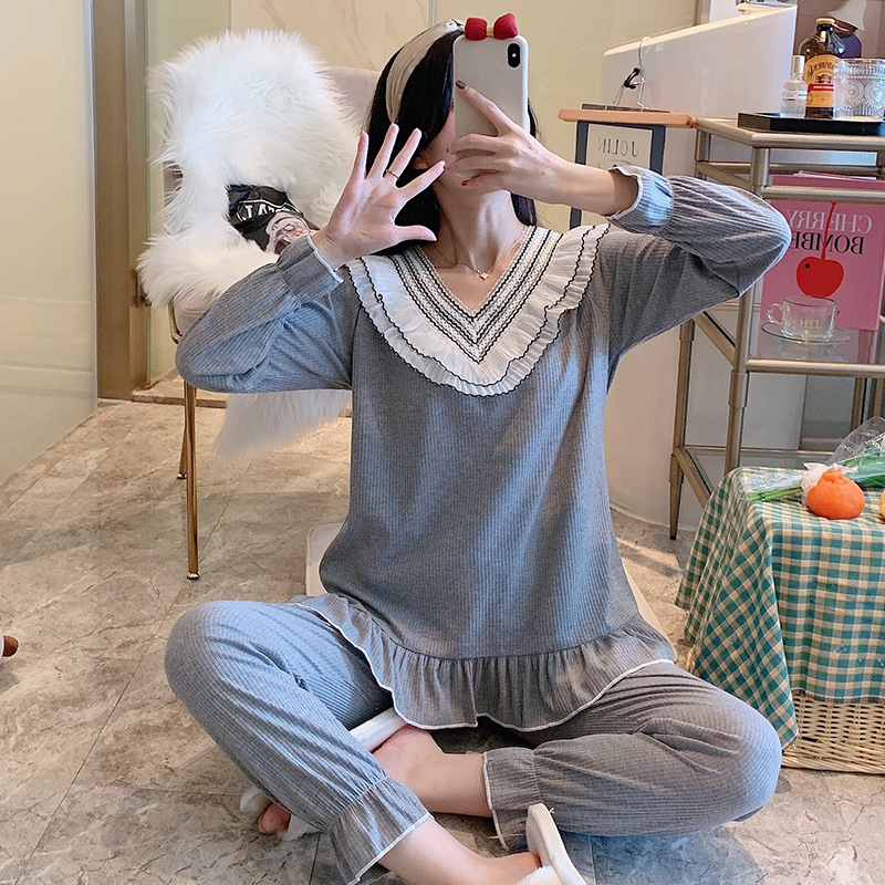 Cotton autumn and winter knitted homewear pink pajamas