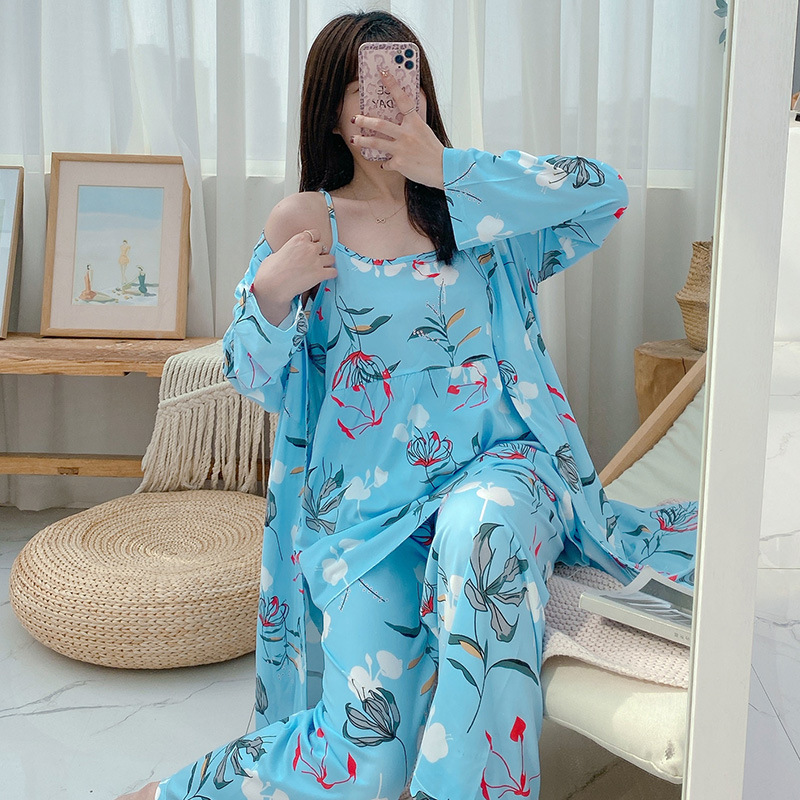 Sexy long sleeve pajamas loose nightgown 3pcs set for women