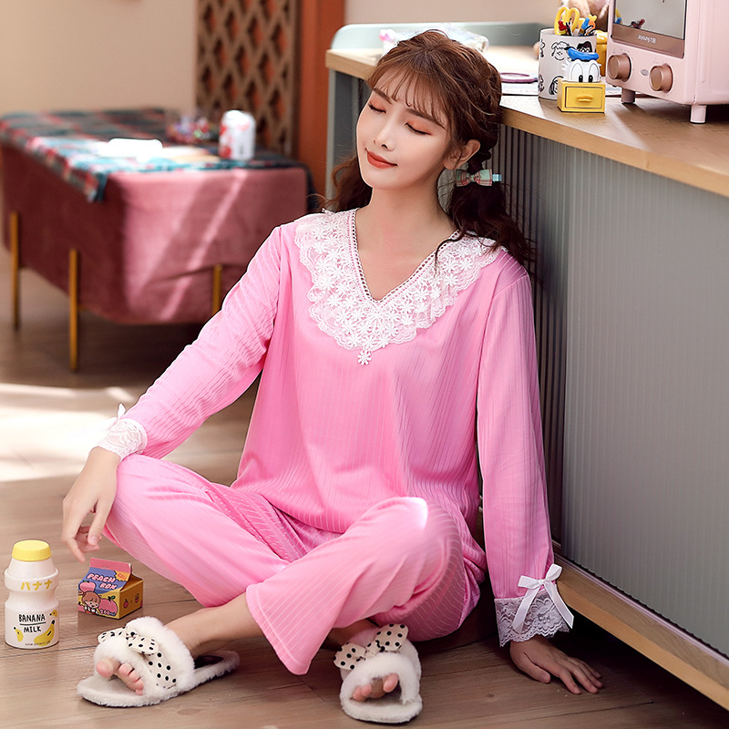 Homewear lace simple long sleeve thin pajamas a set for women