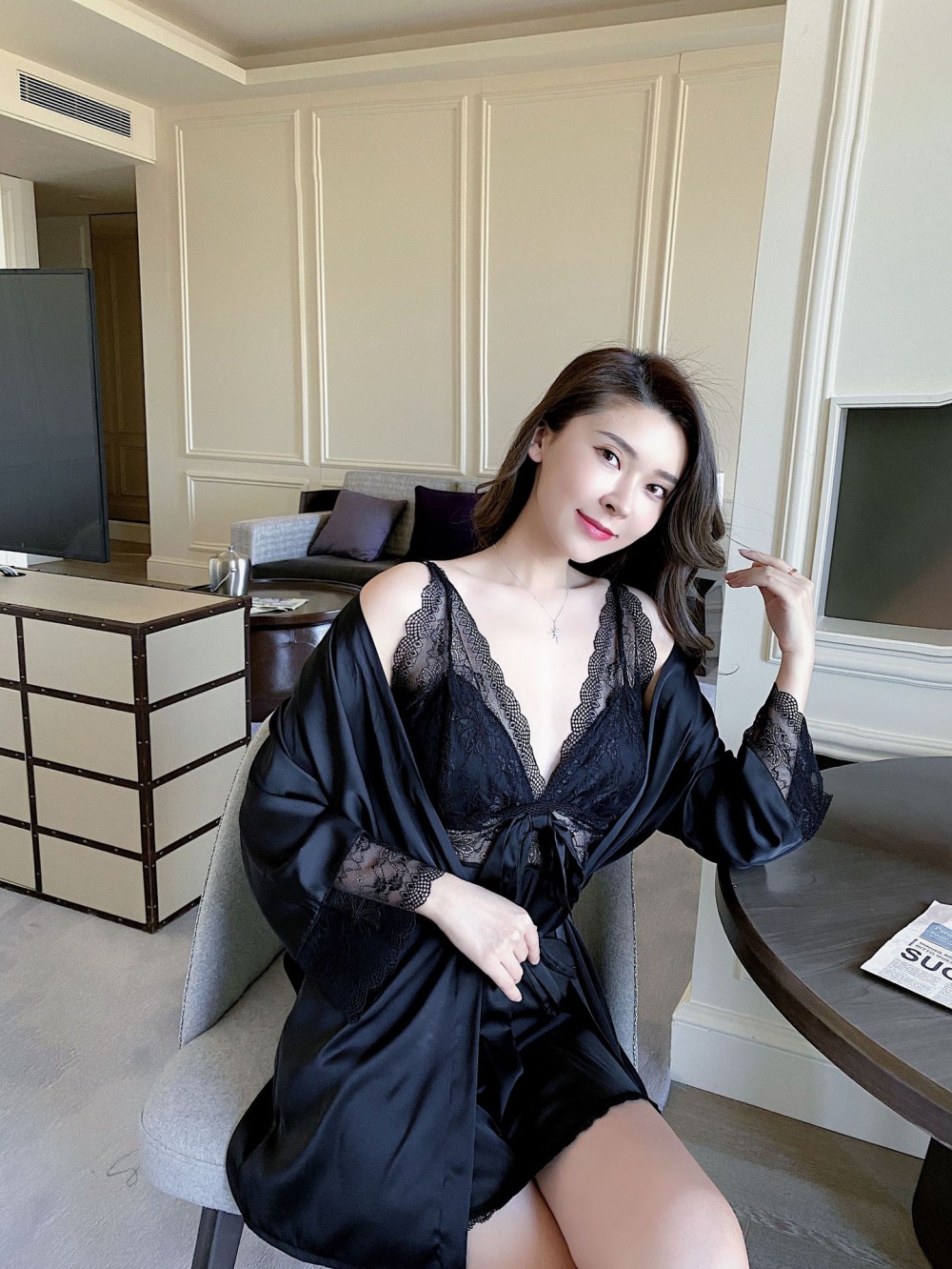 Homewear sexy nightgown lace pajamas 2pcs set for women