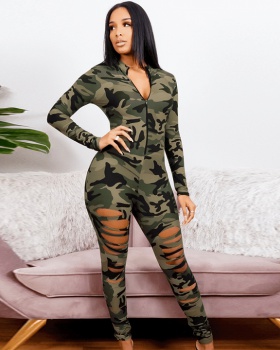 Holes European style camouflage sexy jumpsuit for women