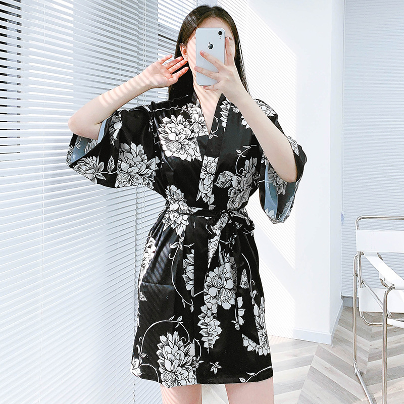 Thin homewear nightgown printing silk bathrobes for women
