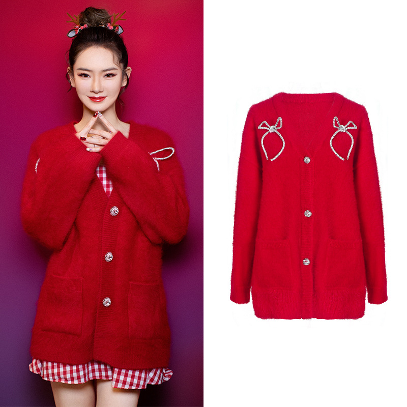 Knitted bow sweater red tops for women