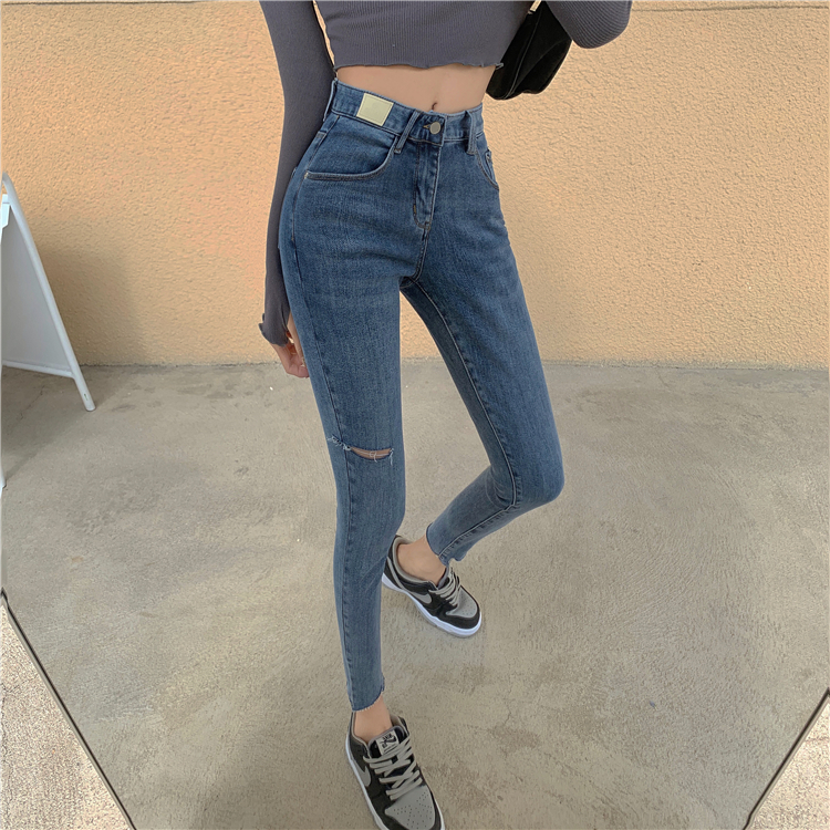 Blue spring high waist pencil pants tight slim jeans