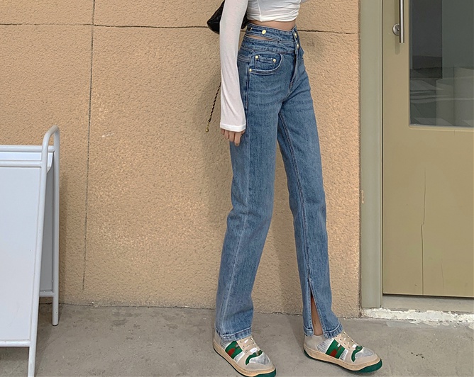 Split all-match jeans loose high waist long pants