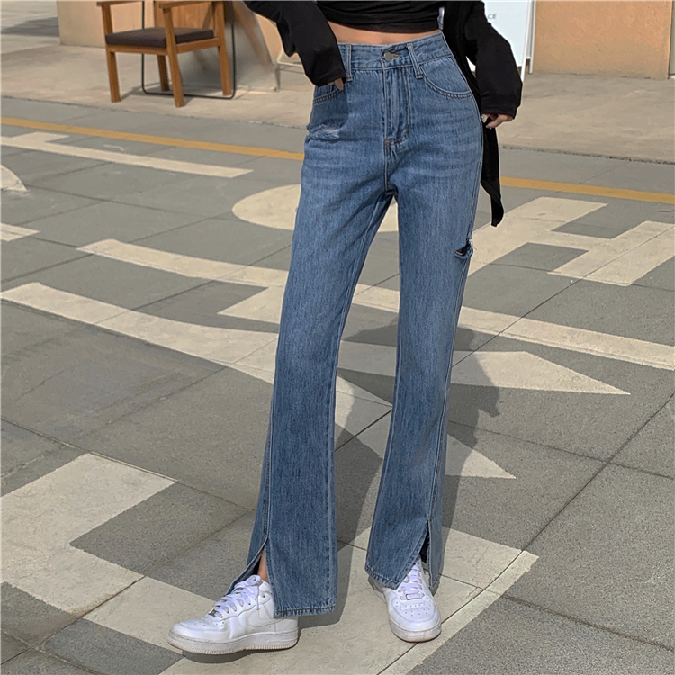 Korean style loose split trousers all-match slim holes jeans