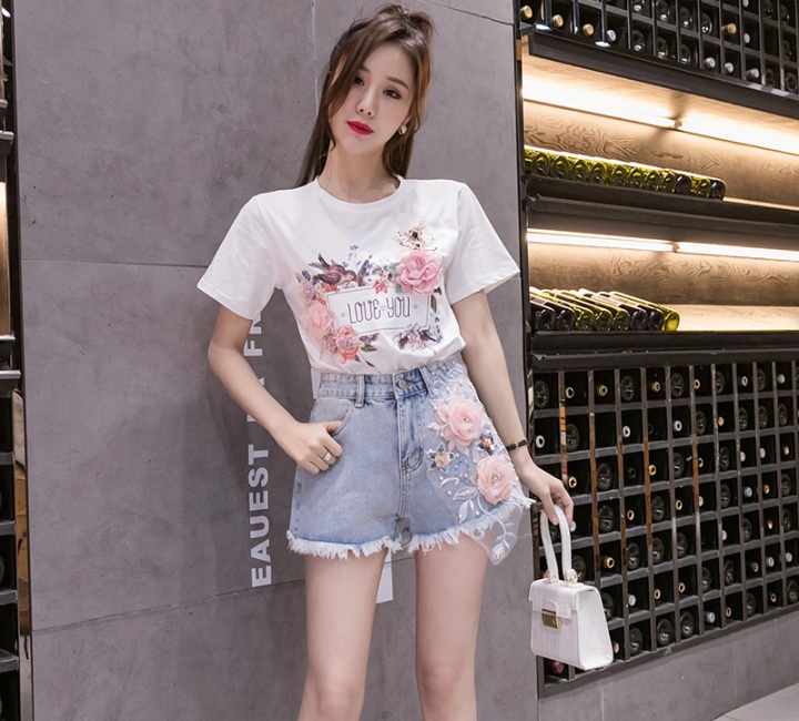 Summer conventional student tops pure cotton slim short jeans