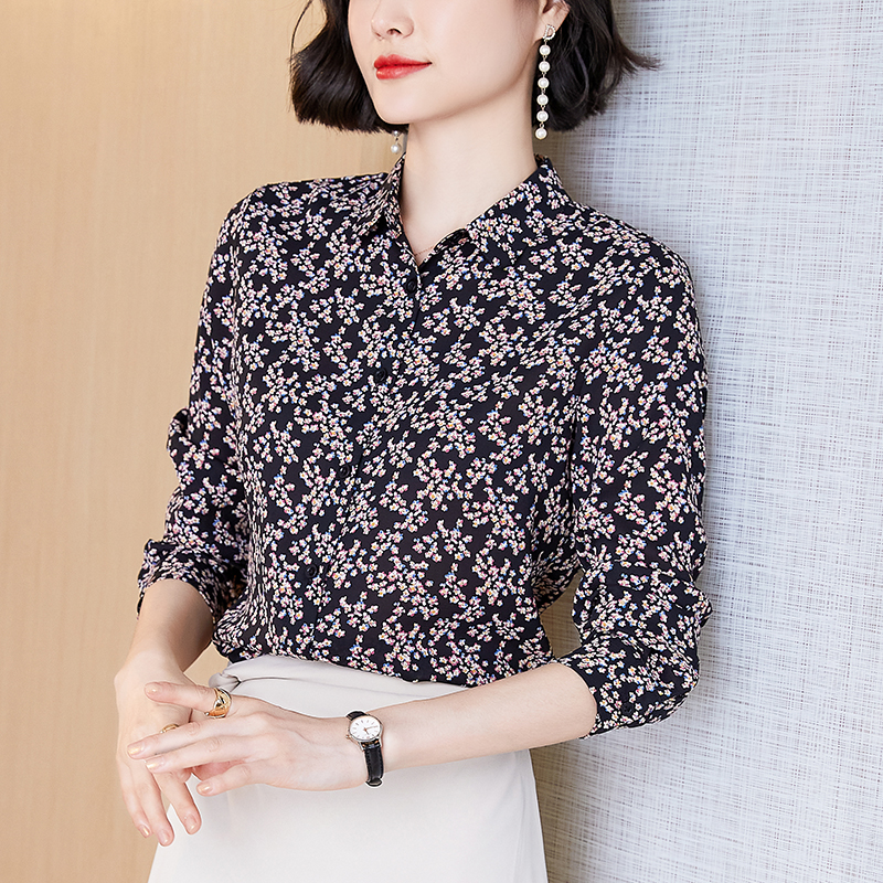 Long sleeve slim business suit floral chiffon shirt for women