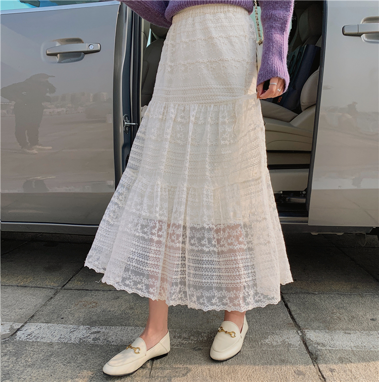 Temperament long hollow lace spring slim skirt for women