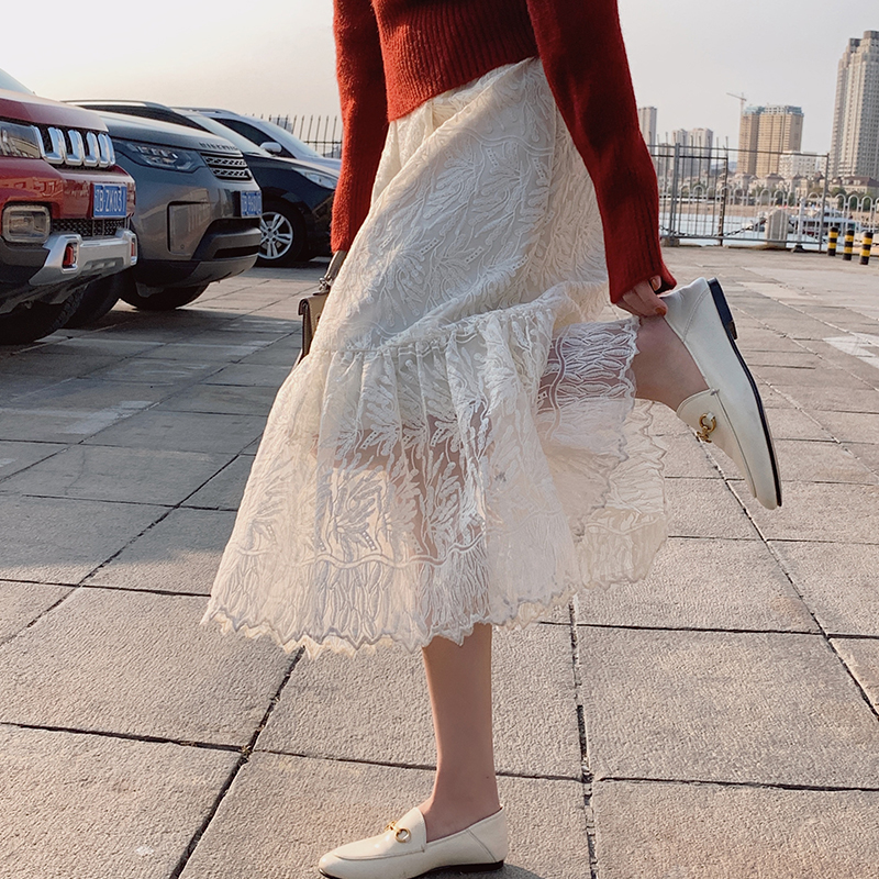 Long lace spring all-match embroidery skirt