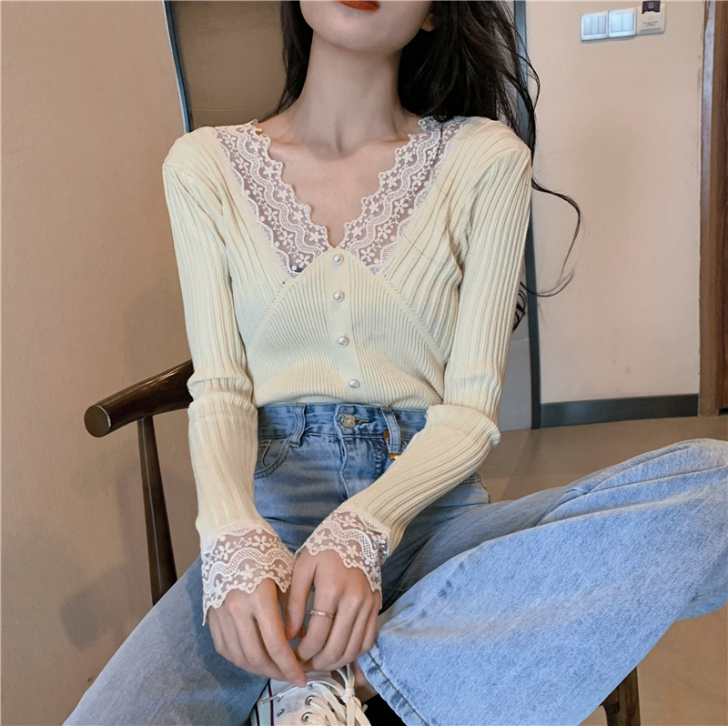 V-neck knitted bottoming shirt lace tops for women