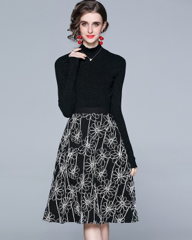 Long sleeve knitted side pocket cotton crochet dress