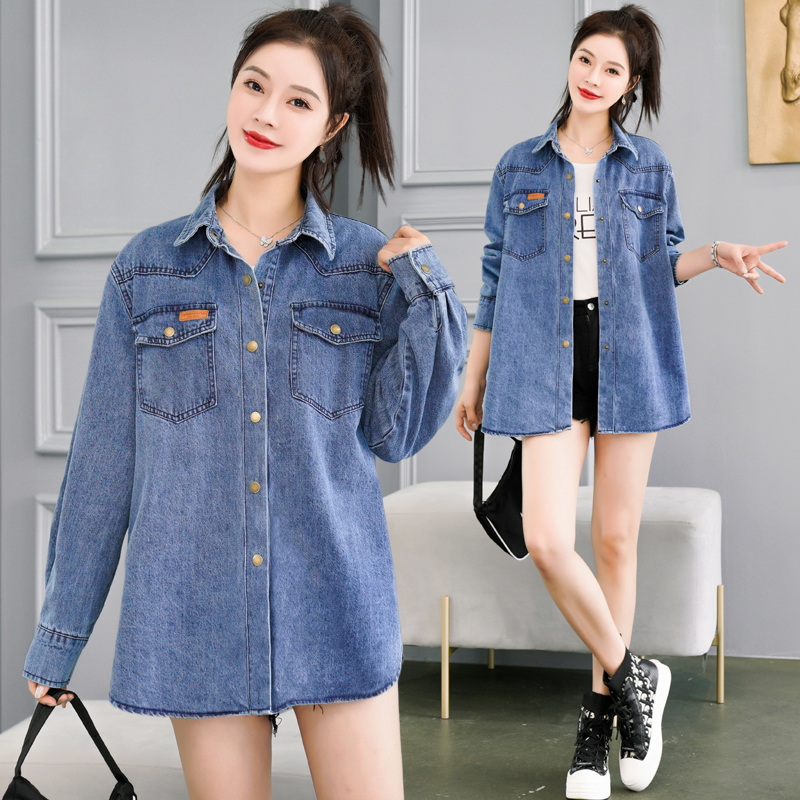 Korean style denim coat loose waist long shirt for women