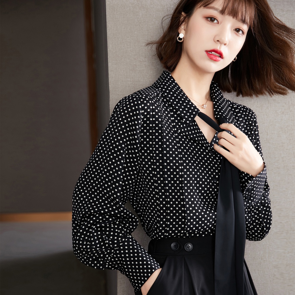 Small lapel temperament tops polka dot spring shirt for women