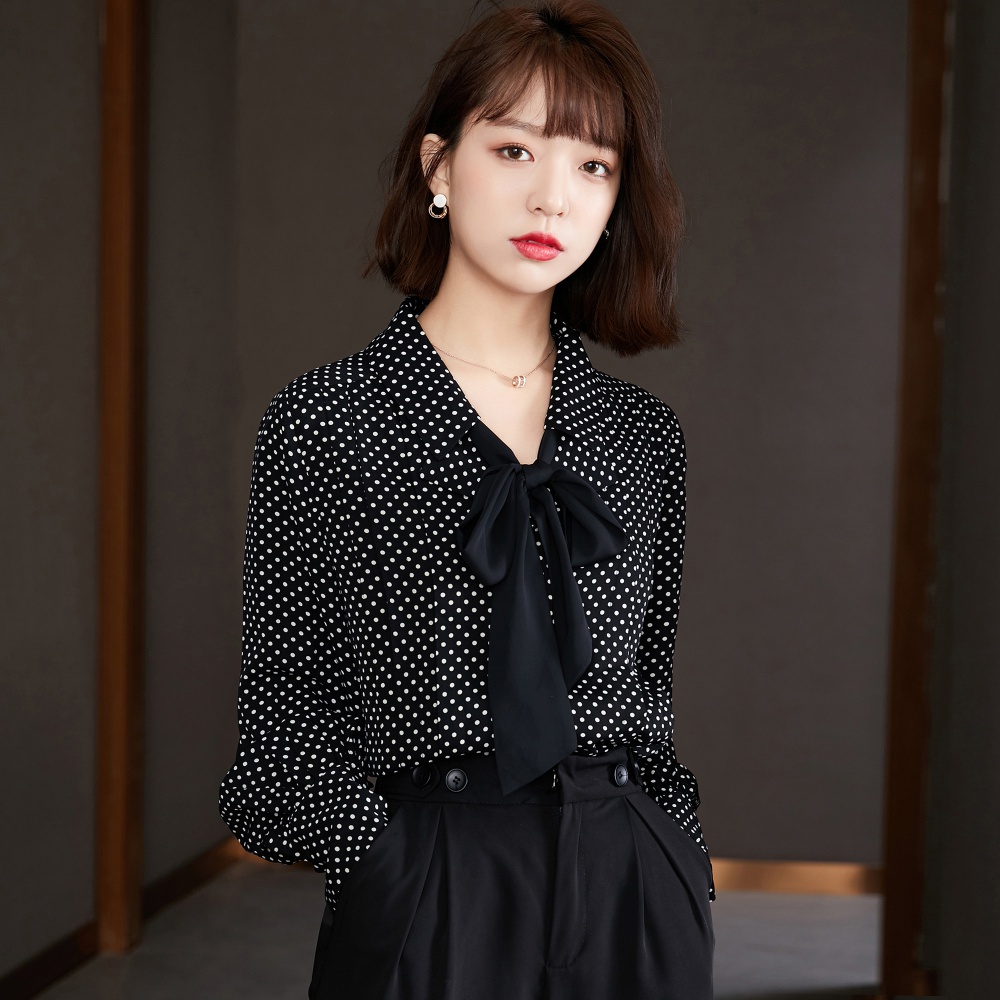 Small lapel temperament tops polka dot spring shirt for women