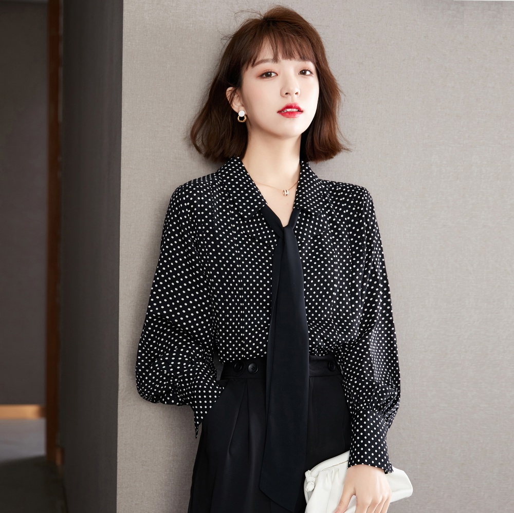 Small lapel temperament tops polka dot spring shirt for women