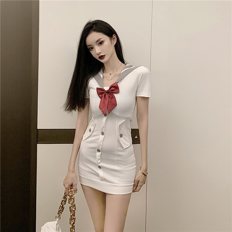 Slim lapel package hip pinched waist bow dress