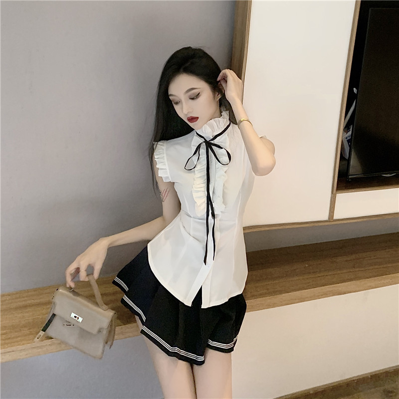 Pleated cardigan lotus leaf edges shirt a set