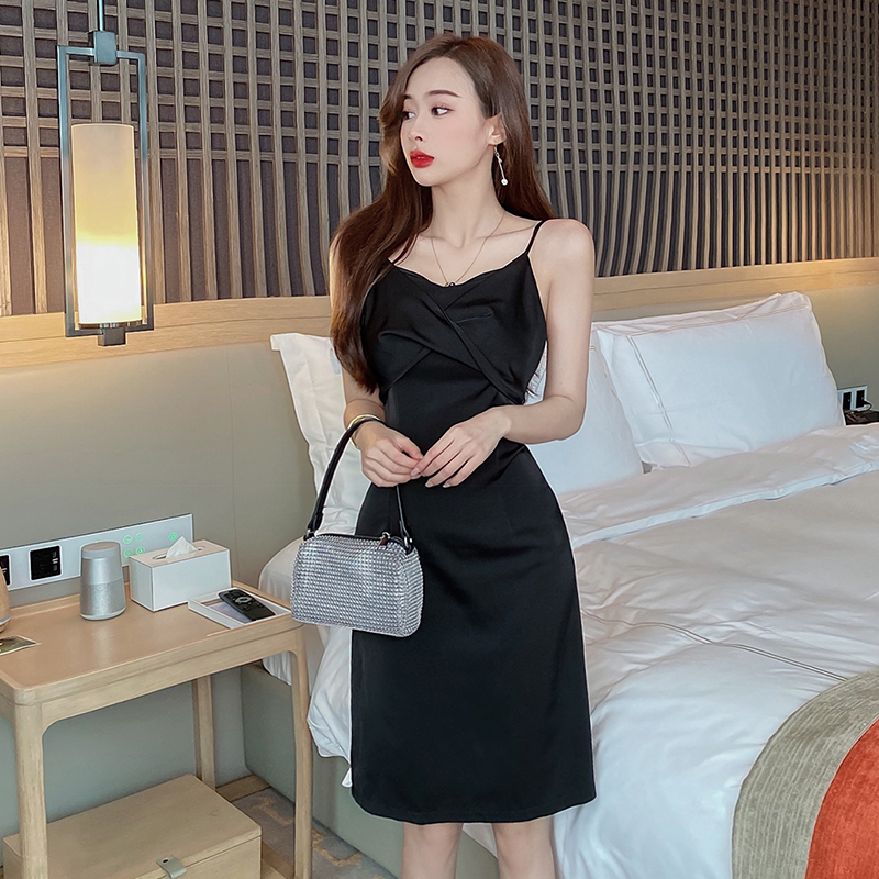 France style sling long bottoming satin temperament dress