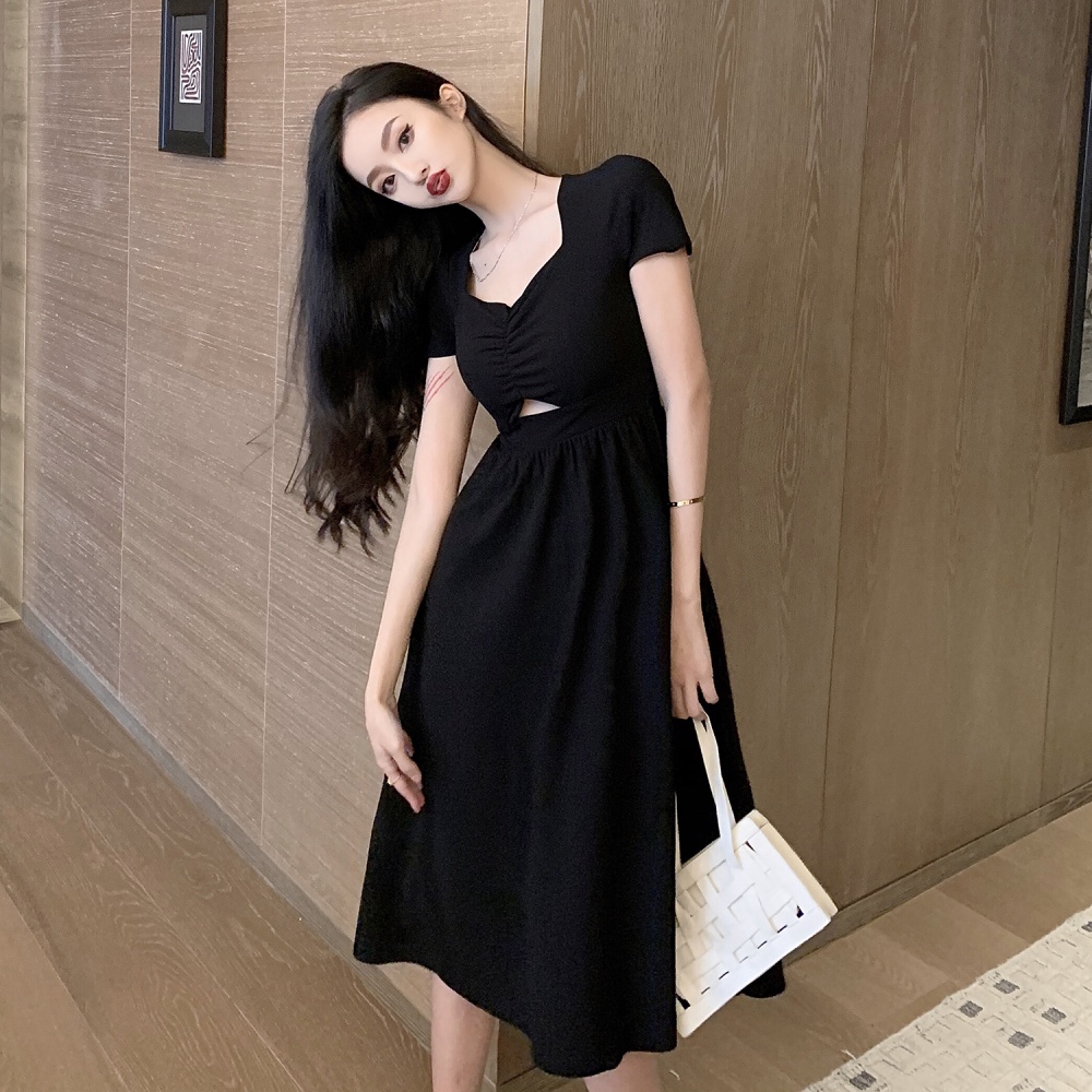 Short sleeve black France style summer long dress