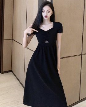 Short sleeve black France style summer long dress
