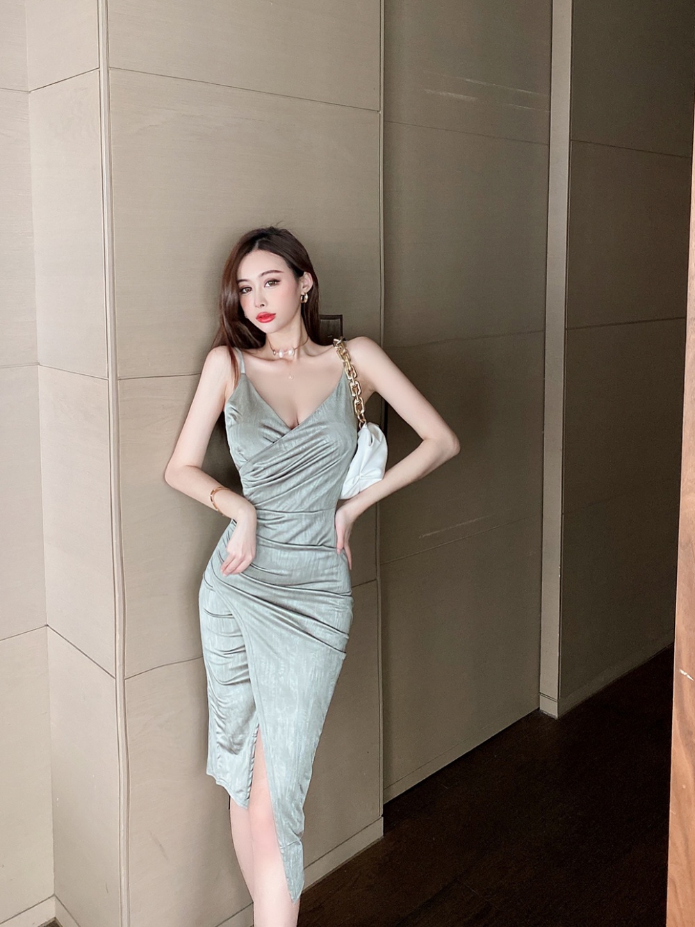 Sexy low-cut long dress split sling vacation formal dress